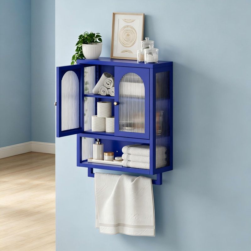 Armoire murale avec portes cannelées en verre, tablette réglable et porte-serviettes pour la salle de bain et la cuisine