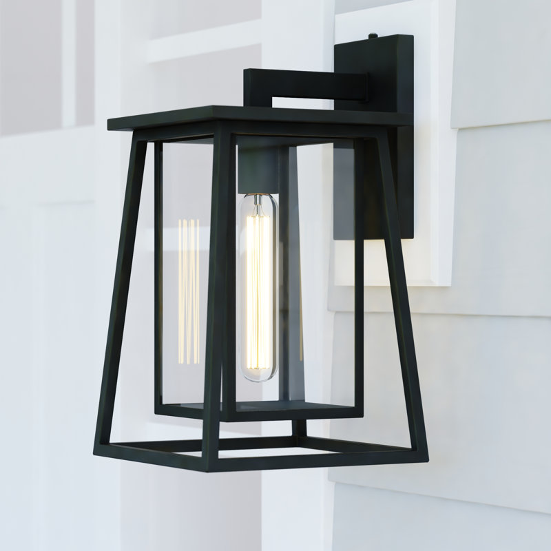 Applique murale d'extérieur à éclairage crépuscule noir mat à 1 lumière H 14 po Dunhés, acier durable, abat-jour en verre transparent, compatible DEL pour porte de patio ou de garage