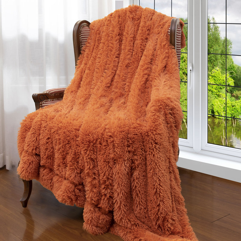  Jeté en fausse fourrure à poils longs, 50 po x 60 po, Rouille