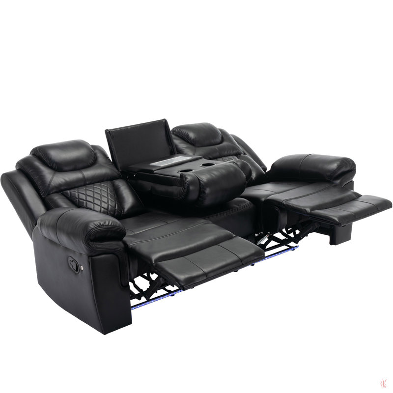 Home Theater Seating Manual Recliner Chair With Center Console And Led Light Strip For Living Room, Black