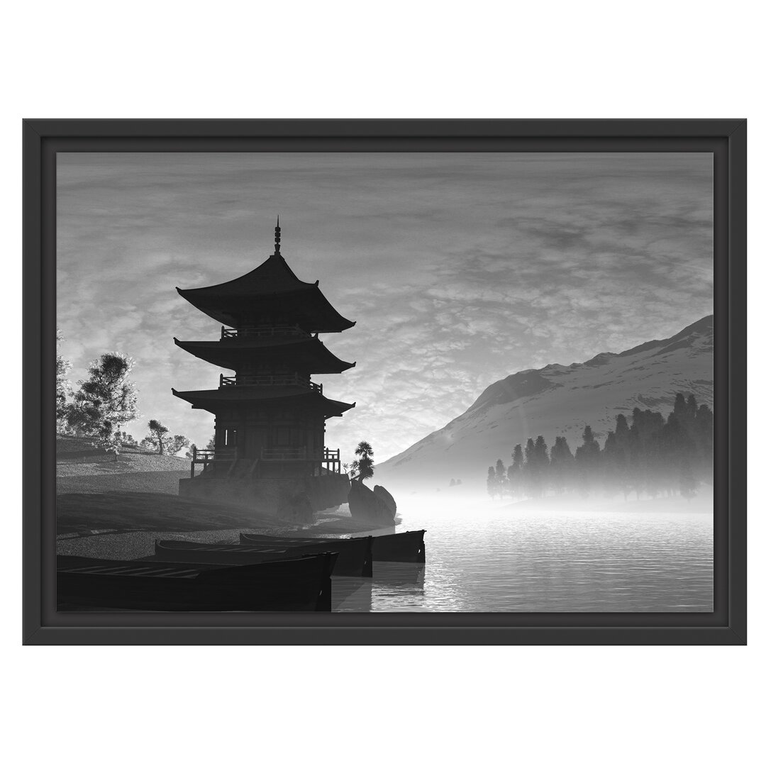 Gerahmtes Wandbild Chinesisches Haus Kunst B&W