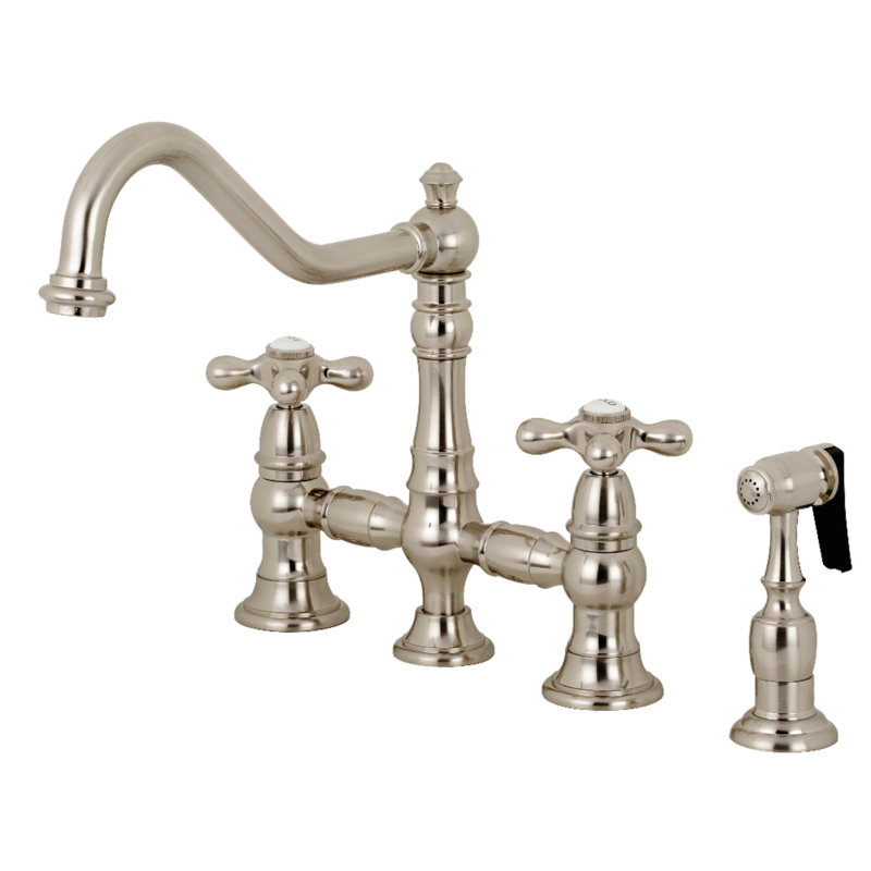 Kingston Brass Restoration Two-Handle 4-Hole Deck Mount Bridge Kitchen Faucet with Brass Side Sprayer, Brushed Nickel