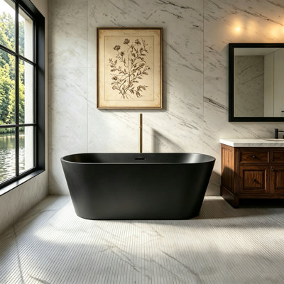 MonBlari 59" X 27.5" Acrylic Freestanding Black Soaking Bathtub with Overflow and Pop-up Drain For Bathroom