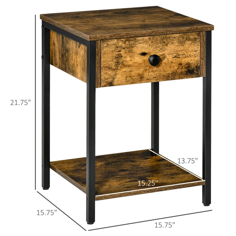 Table de bout Josie, table d'appoint avec tablette de rangement et tiroir Josie, Brun rustique