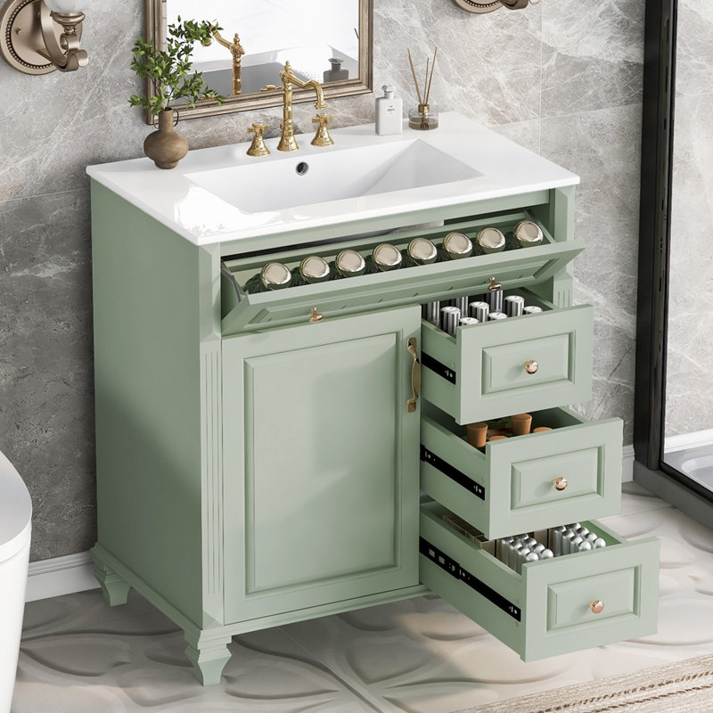 Meuble-lavabo de 30 pouces avec lavabo, meuble-lavabo autoportant vert avec tiroir rabattable, 3 tiroirs et armoire de rangement, bois massif et panneau de fibres à densité moyenne, plateau de lavabo en céramique