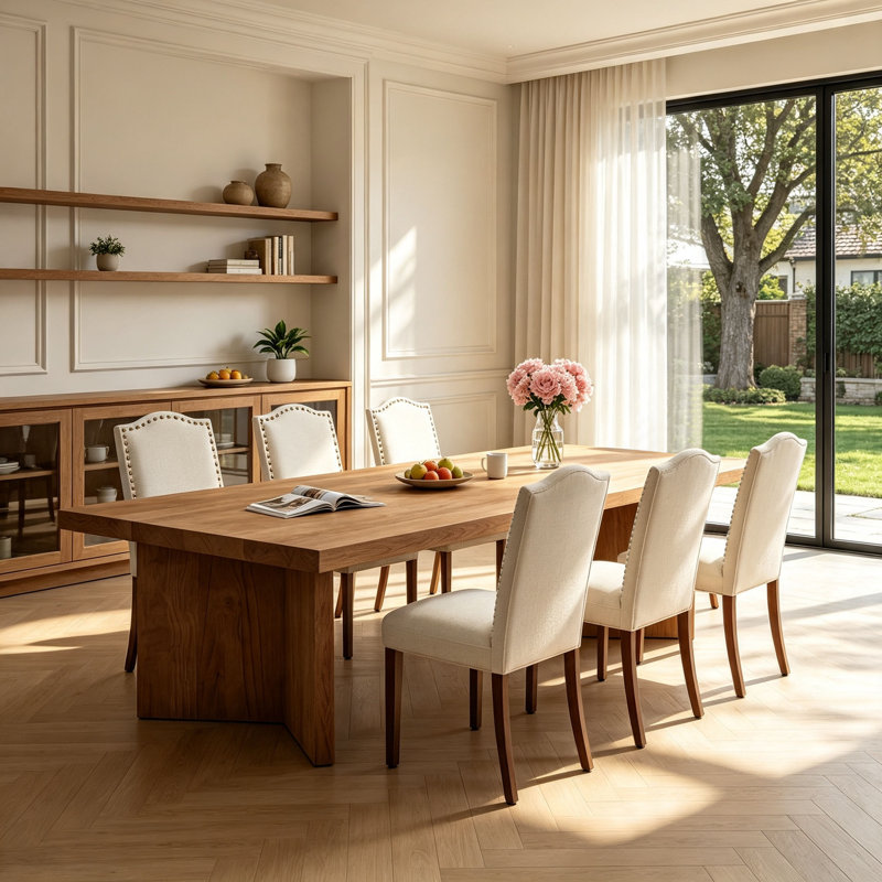 Ensemble de salle à manger rectangulaire de style campagnard 7 pièces en bois massif avec 6 chaises de salle à manger rembourrées et recouvertes de tissu