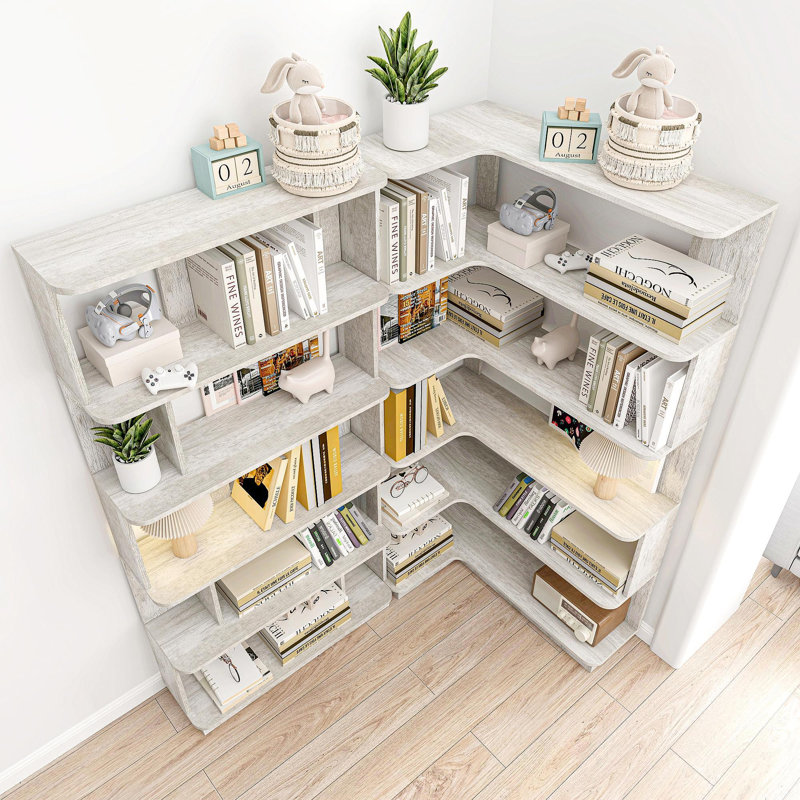Bibliothèque d'angle compacte de 90 cm + bibliothèque libre extensible de 80 cm, ensemble de 2 tablettes de présentation, couleur gris clair et 4 autres couleurs optionnelles, meubles librement combinés et assortis
