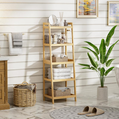 5 Tier Ladder Bookcase With Bamboo Frame, Freestanding Tall Narrow Display Plant Shelf For Living Room, Kitchen, Bedroom, Balcony