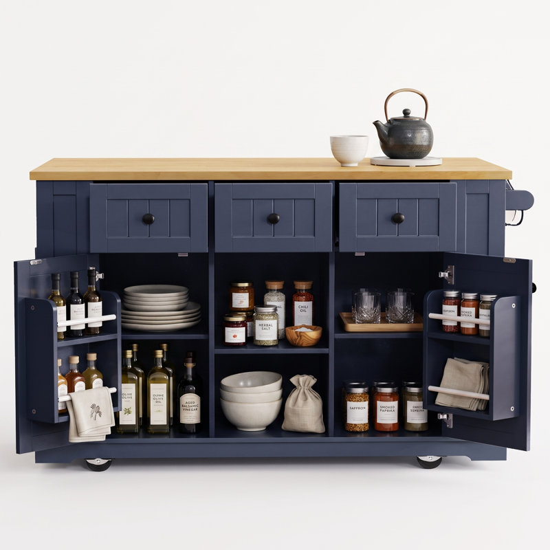 Chariot pour îlot de cuisine roulant avec abattant, prise de courant, 3 tiroirs, tablettes réglables et supports de porte