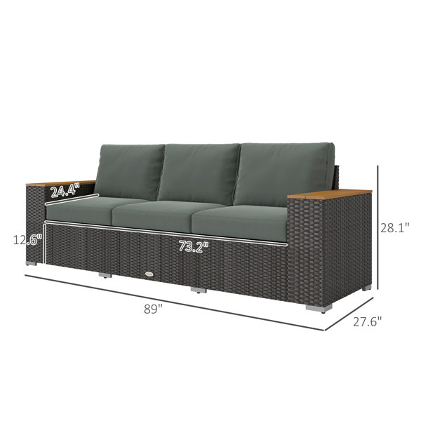 Ebern Designs 3-Seat Outdoor Patio Sofa with Cushions, PE Rattan Wicker ...