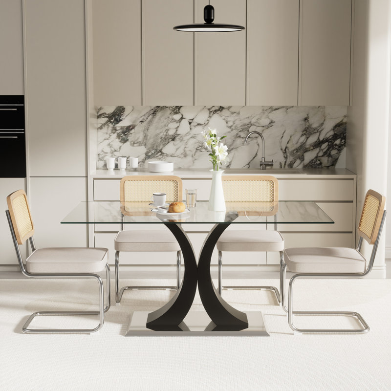 Ensemble de salle à manger rectangulaire, Noir, Beige, 5 pièces: table, 4 chaises