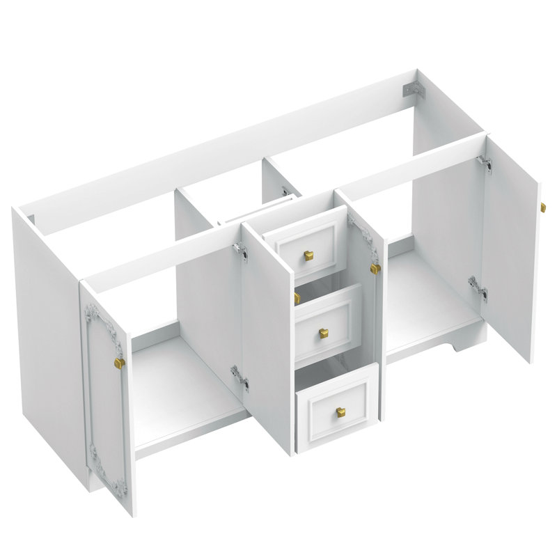 Armoire de salle de bain blanche sculptée de style français 60 po, armoire de rangement abondante, 4 portes à fermeture douce et 3 tiroirs