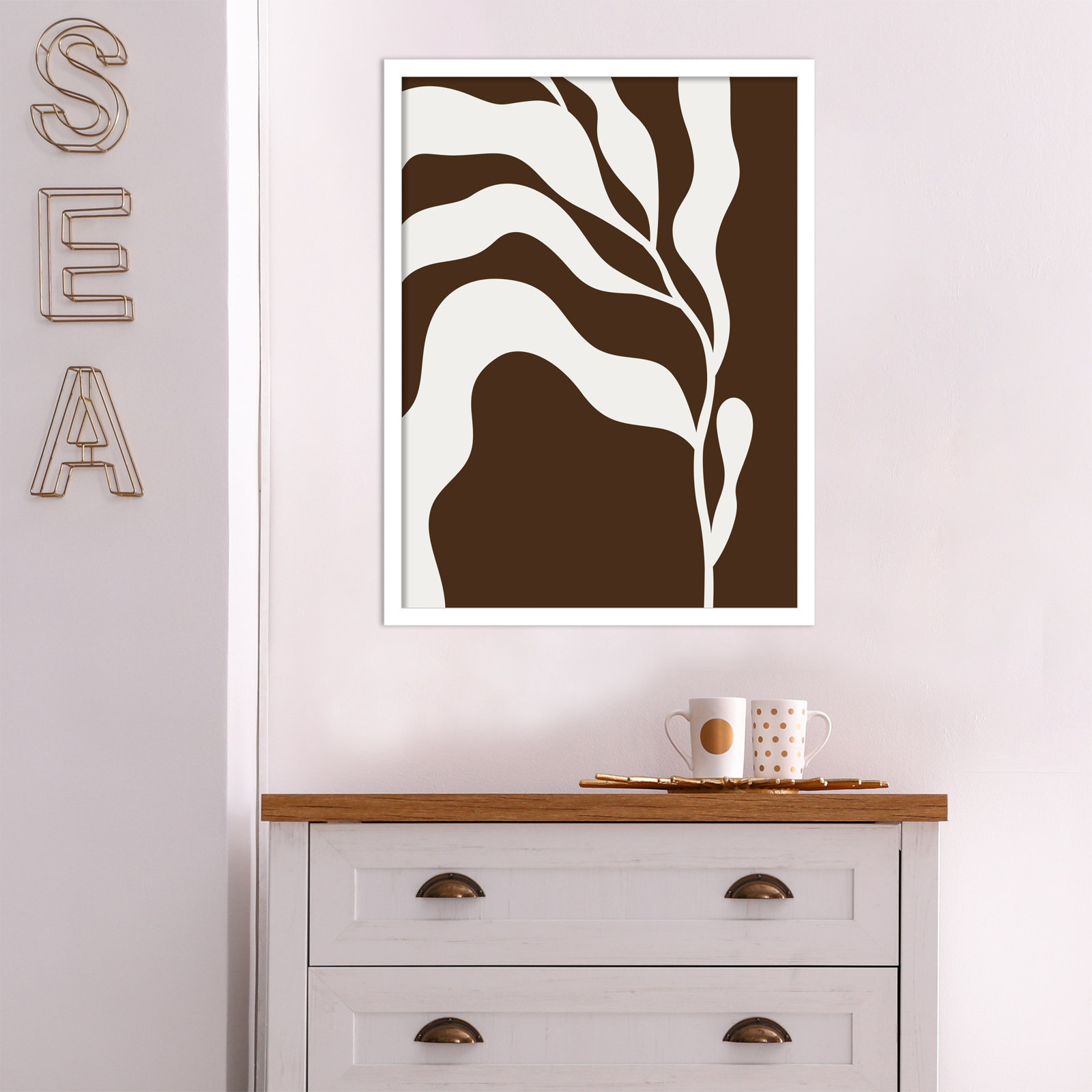 Retro Matisse Inspired Abstract Botanical 2 Brown, White, 25" H x 19" W x 1" D