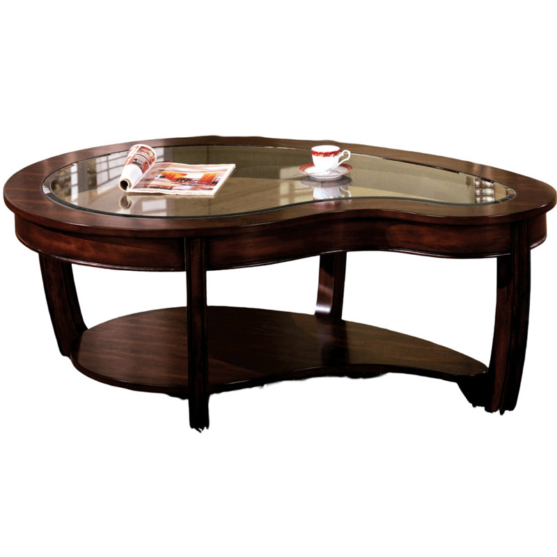 Table basse en cerisier brun foncé avec plateau biseauté en verre biseauté de 5 mm de largeur et plateau ouvert