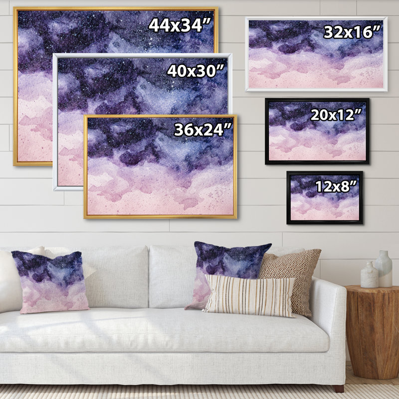 Abstrait nuit mauve abstraite - reproduction d'art sur toile moderne, H 34 po x l 44 po x P 1,5 po, Cadre flottant doré
