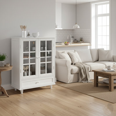 White Wooden Buffet Cabinet With Drawer And Glass Doors, Modern Sideboard Cupboard For Dining Room, Hallway, Or Living Room