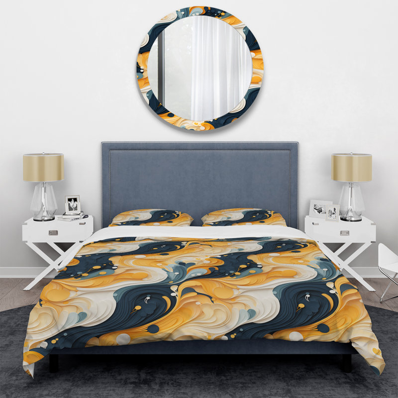 Literie jaune et noire Mid-Century Waves Fusion II, Housse de couette simple + 1 taie décorative stan