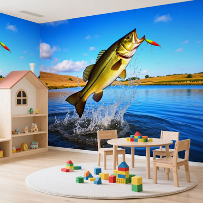 Papier peint adhésif autocollant Big Bass Large embouchure Lac de pêche ciel bleu aube lever de soleil Papier adhésif de contact amovible pour salon