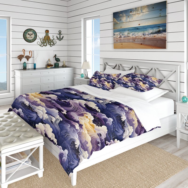 Ensemble de housse de couette violet Hokusai Waves, Housse de couette pour grand lit et 2 taies décor