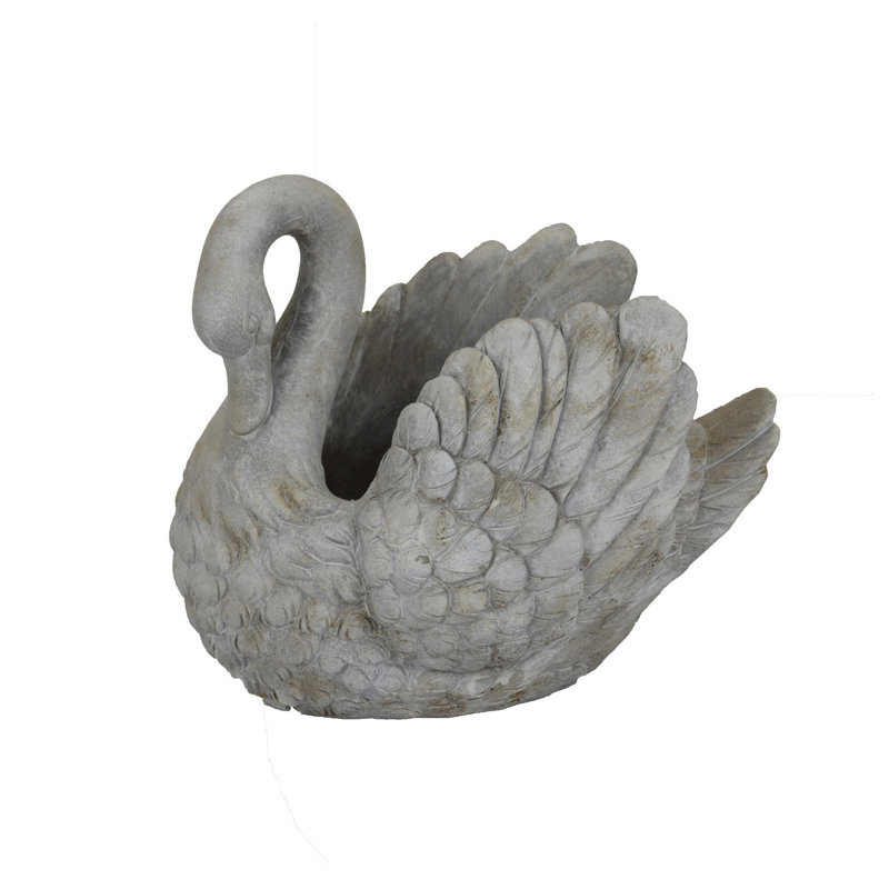 Jina Large Planter With Swan Sculpted Details, Gray Terracotta, 9.5" H x 11.75" W x 8" D