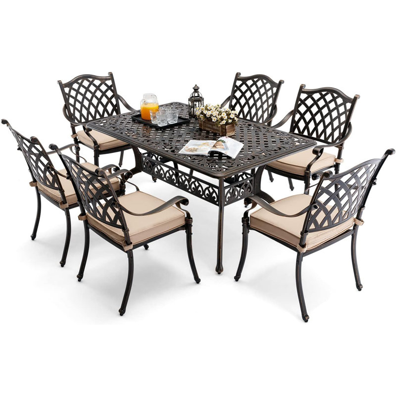 ?? ?????????? Outdoor Dining Set Cast Aluminum Retro Patio Dining Set For 6 Includes 59” Rectangular Table And 6 Chairs With Thicker Cushion And Umbrella Hole For Patio Deck Garden