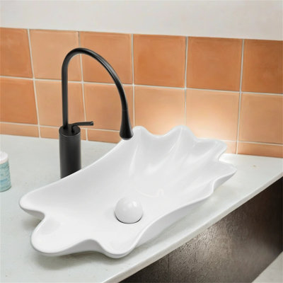 【Lavabo vasque de salle de bain en forme de coquillage blanc 24 po x 13 po Ab - Au-dessus du comptoir pour une petite décoration de salle de bain moderne et peu encombrante