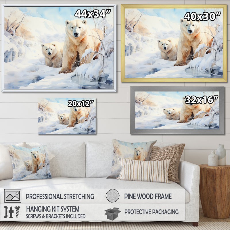 Snow Snow Bears in Winter IV - reproduction d'art sur toile encadrée, Toile tendue, H 24 po x l 32 po x P 1 po