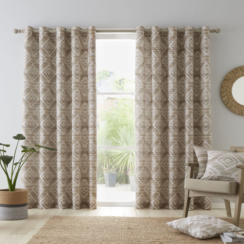 Aztec Geo Lined Eyelet Curtains, Brown, 168 W x 137 D cm