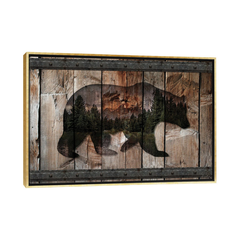 Silhouette d'ours de montagne sur toile par Denise Brown, H 26 po x l 40 po x P 1,5 po, Encadrement doré