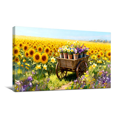 Plantes et fleurs Champ de tournesols avec panier de fleurs