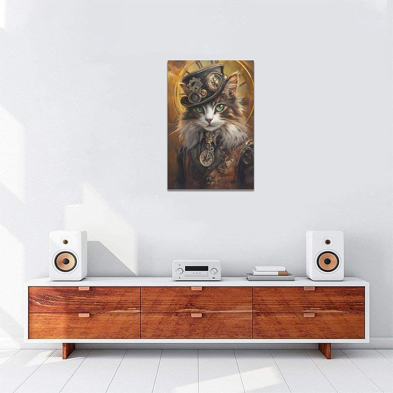 Cat Wall Art, Steampunk Pictures Wall Decor, Retro Steampunk Cat Canvas Prints Painting, Framed Artwork for Bathroom Bedroom Living Room Office Home Decoration 24"x16"