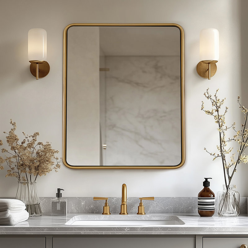 Miroir de salle de bain rectangulaire contemporain | Structure en O-Tube en acier inoxydable, 36 po x 30 po, Or brossé