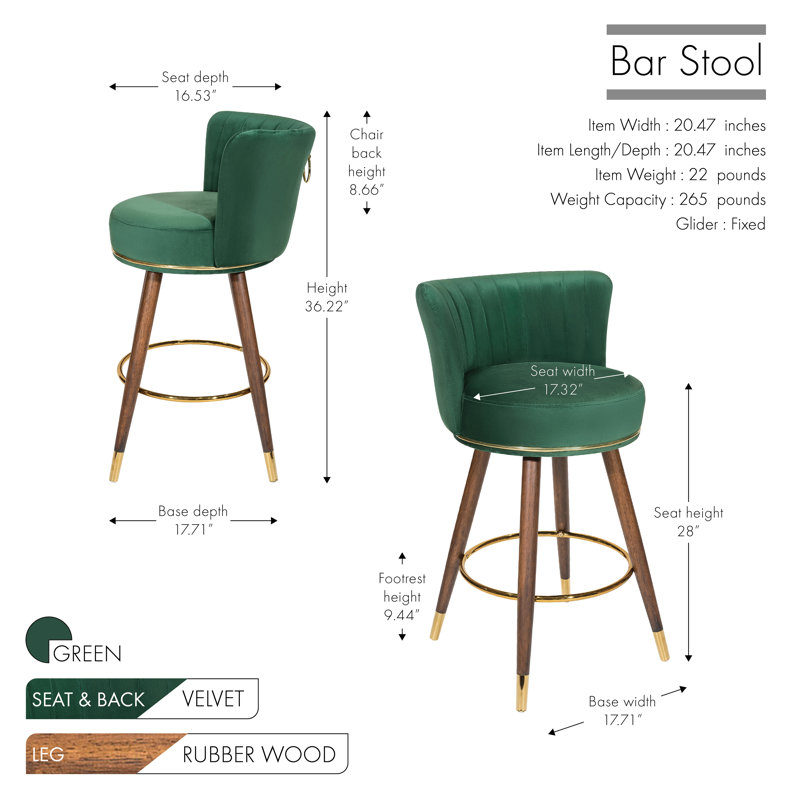 Pedra Swivel Velvet Bar Stools, Green