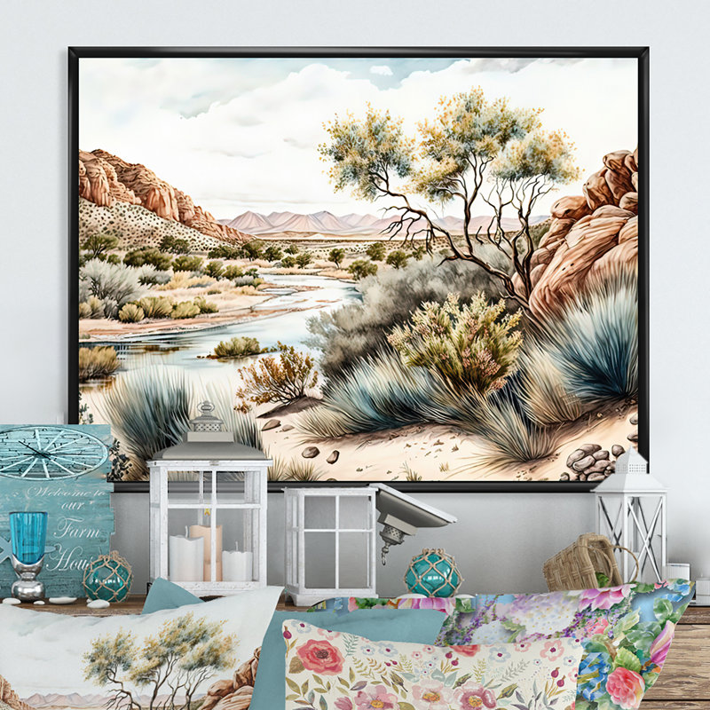 Arizona Desert Creek Scenery II - impression sur toile, H 24 po x l 32 po x P 1 po, Toile avec cadre flottant noir