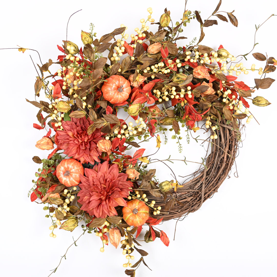24" Fall Front Door Pumpkin Thanksgiving Wreath with Dahlia Primrue