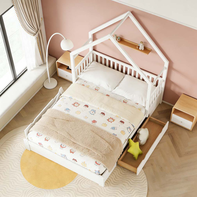 Grand lit plateforme en bois avec garde-corps et 2 tiroirs, Blanc