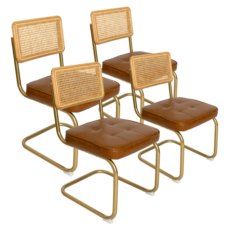 Ensemble de 4 chaises de salle à manger en rotin naturel brun, revêtement en similicuir avec dossier en bois massif et pieds en métal