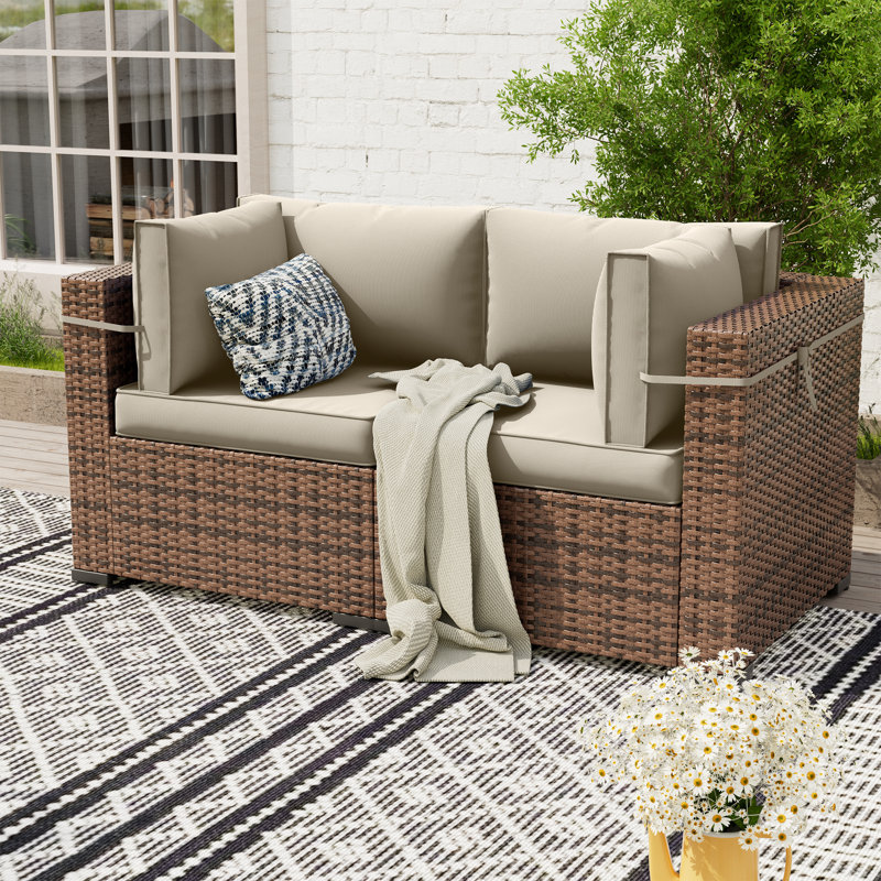 Babak 58.4'' Wicker Outdoor Loveseat With 4"D Cushions, Cream