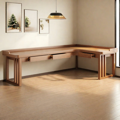 Bureau moderne en L en bois massif avec tiroirs