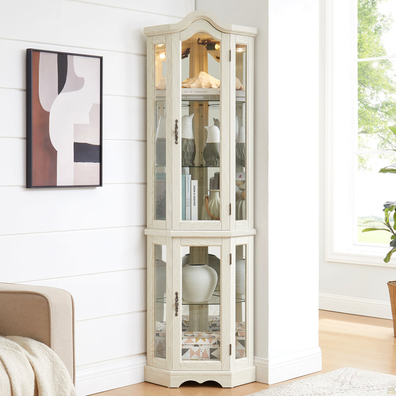 Curio Cabinet Lighted Glass Display Curio Cabinet W/Tempered Glass Doors And Shelves, Crown Corner Cabinet With Bulb, Corner Storage Decoration