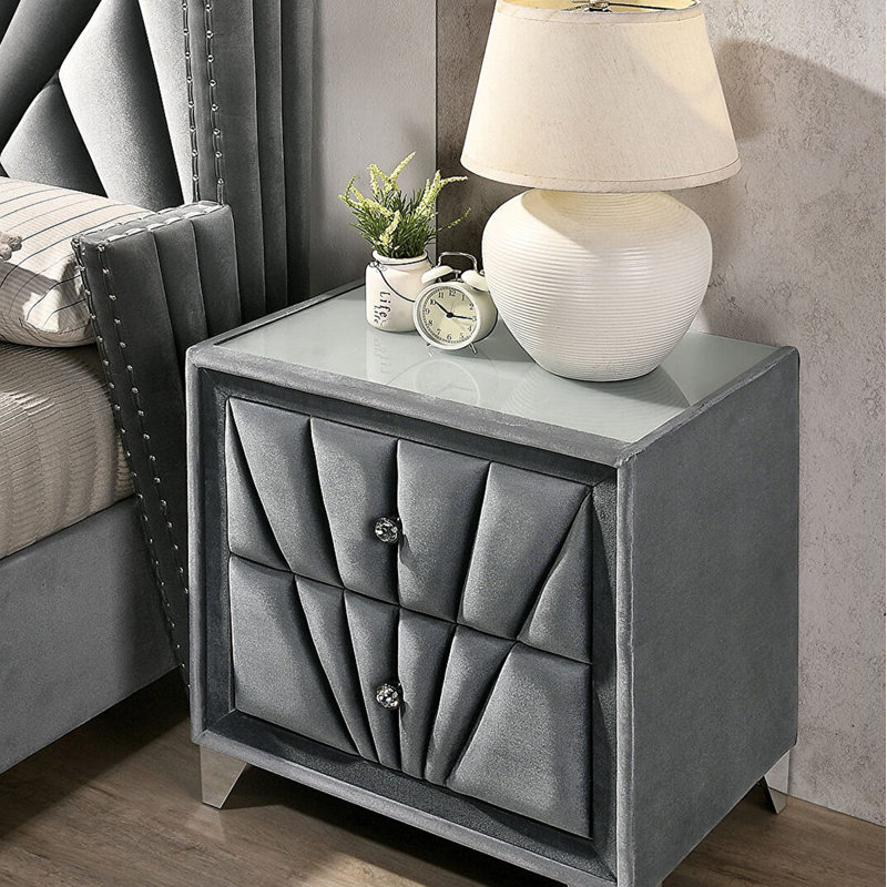 Table de chevet rembourrée en tissu avec 2 tiroirs