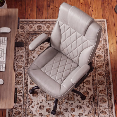 Fauteuil de bureau ergonomique, fauteuil de bureau en cuir polyuréthane à haut dossier avec accoudoirs rabattables et support lombaire, fauteuil de bureau pivotant pour bureau à domicile, blanc crème