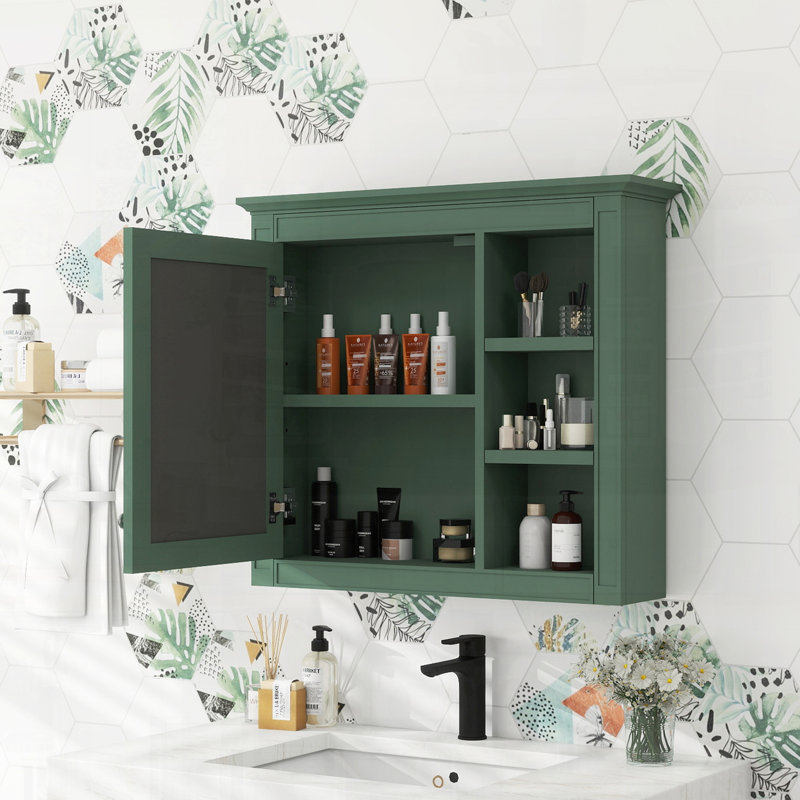 Armoire à pharmacie murale moderne avec tablettes ouvertes, Vert
