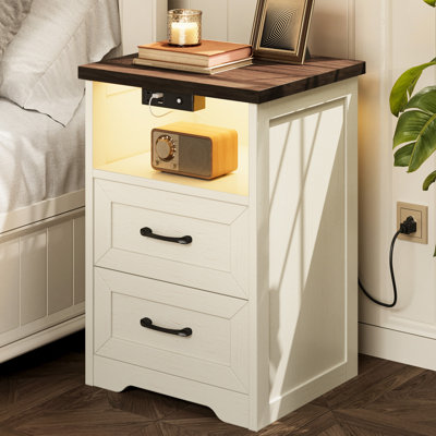 Aeliana Farmhouse Nightstand with Charging Station and LED Lights, 2 Drawers Bed Side Table for Bedroom, Living Room（Set of 2）