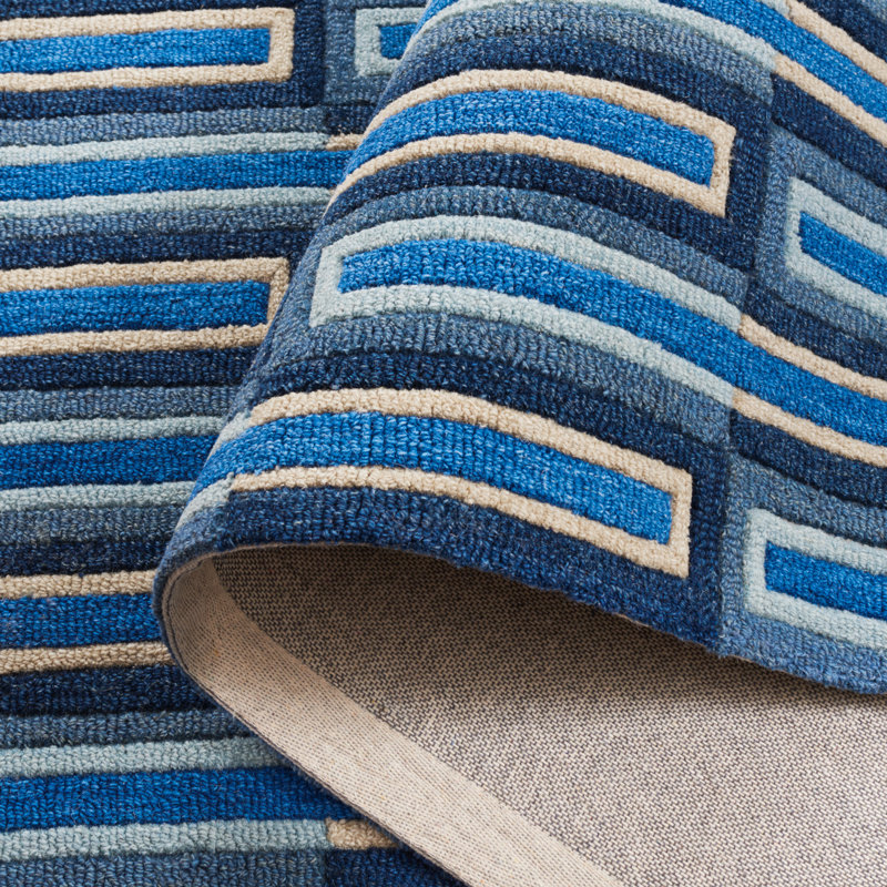 Tapis ivoire / bleu en laine / coton touffeté à la main Kabena, Rectangle 3 pi x 5 pi