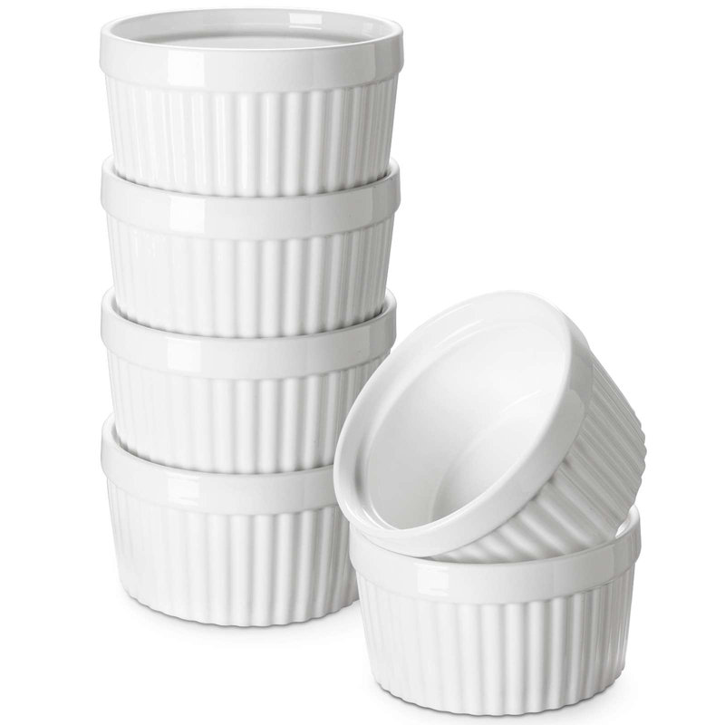 Ensemble de 6 ramequins en porcelaine 6 pièces, plats de cuisson nervurés 6 oz, Blanc, 3,5 po x 3,5 po 