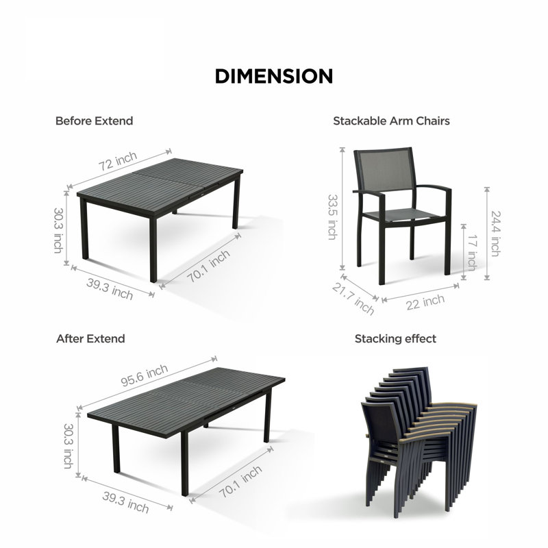Higold - Heck 9 Pieces Patio Dining Sets, For Outdoor Dining Using, Grade A Teak, Black Aluminum Finished, Black&Brown