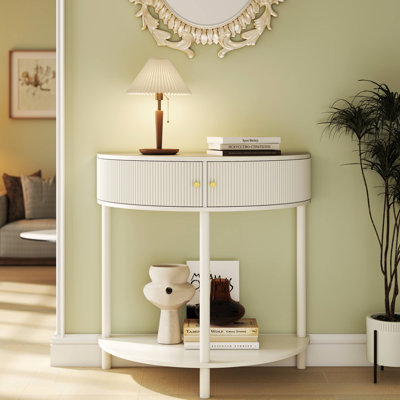 Console Table de bout demi-lune unique avec 2 tiroirs de rangement et une tablette inférieure