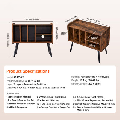 Record Player Stand, Turntable Stand Holds Up to 220 Albums, Vintage Vinyl Record Cabinet with Removable Shelves, Record Player Table with Adjustable Height for Living Room, Bedroom, Brown