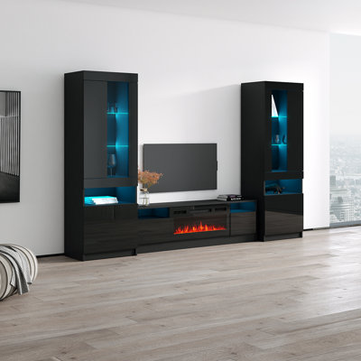 Duke Entertainment Center for TVs up to 75"" with Electric Fireplace Included -  Meble Furniture, DUKE-SET-BLEF-BLACK